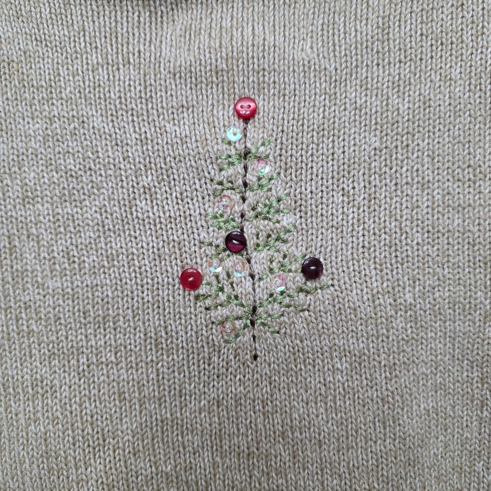Christopher  Banks Santa Christmas Sweater Embroidered Beige Cotton Blend Medium - Picture 9 of 11